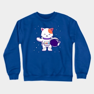 Cute Astronaut Cat Holding Helmet Crewneck Sweatshirt